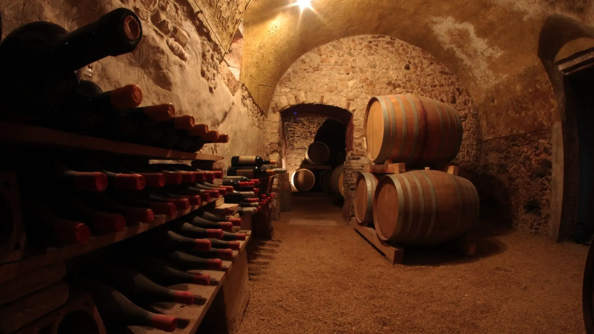 A classic stone wine cellar at the Terre di Pietra winery. It has an arched roof and wine barrels and bottles stacked in different parts of the room.