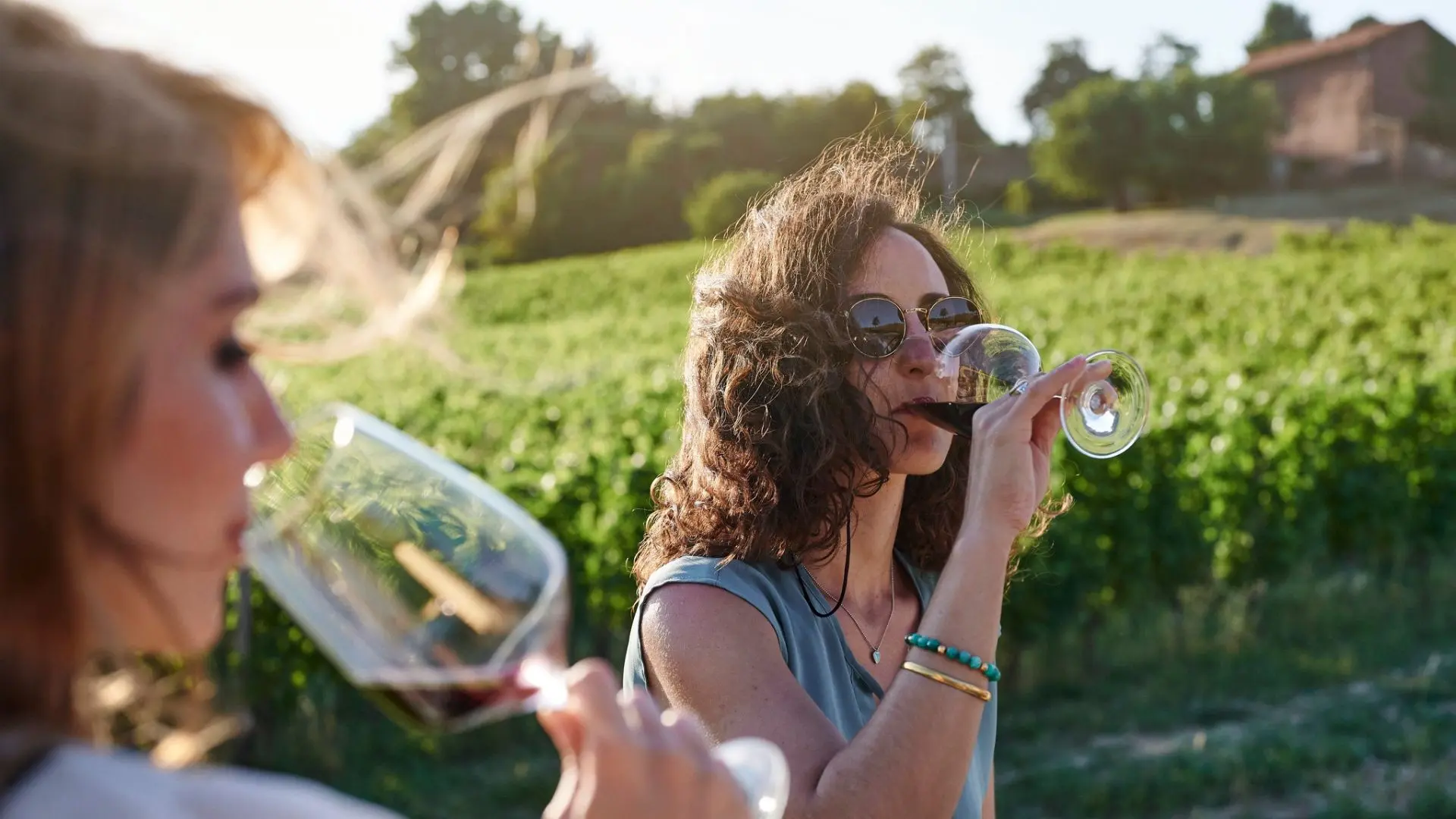 A standard wine tasting experience at the Bine winery. There are two women drinking wine in the shot. One is closer and out of focus and the other one is in focus. The vineyards can be seen in the background.