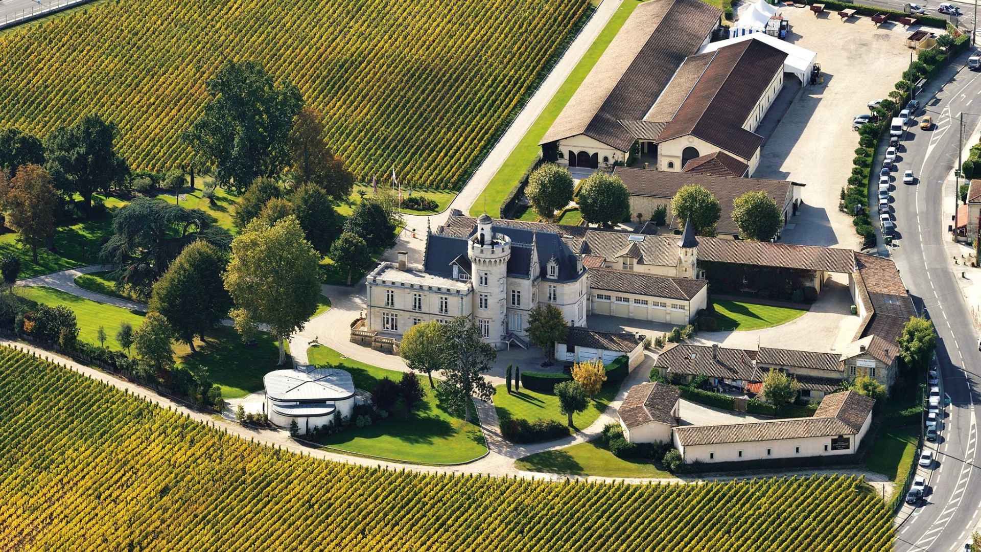A look at the Chateau Pape Clement from above. The vineyards can be seen, as well as the estate itself in all of its glory.