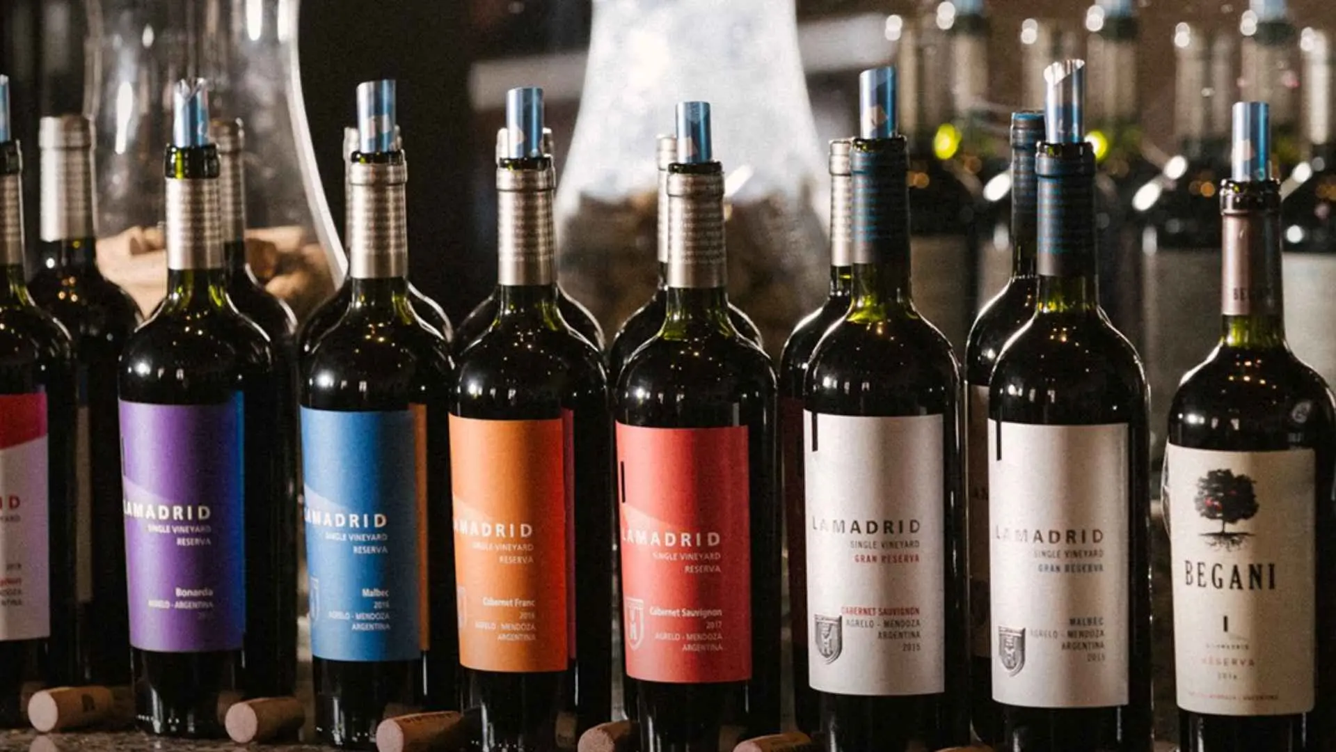 Wine bottles at the  Lamadrid Estate Wines winery. There are plenty of bottles of all sorts of wines, placed at a bar.