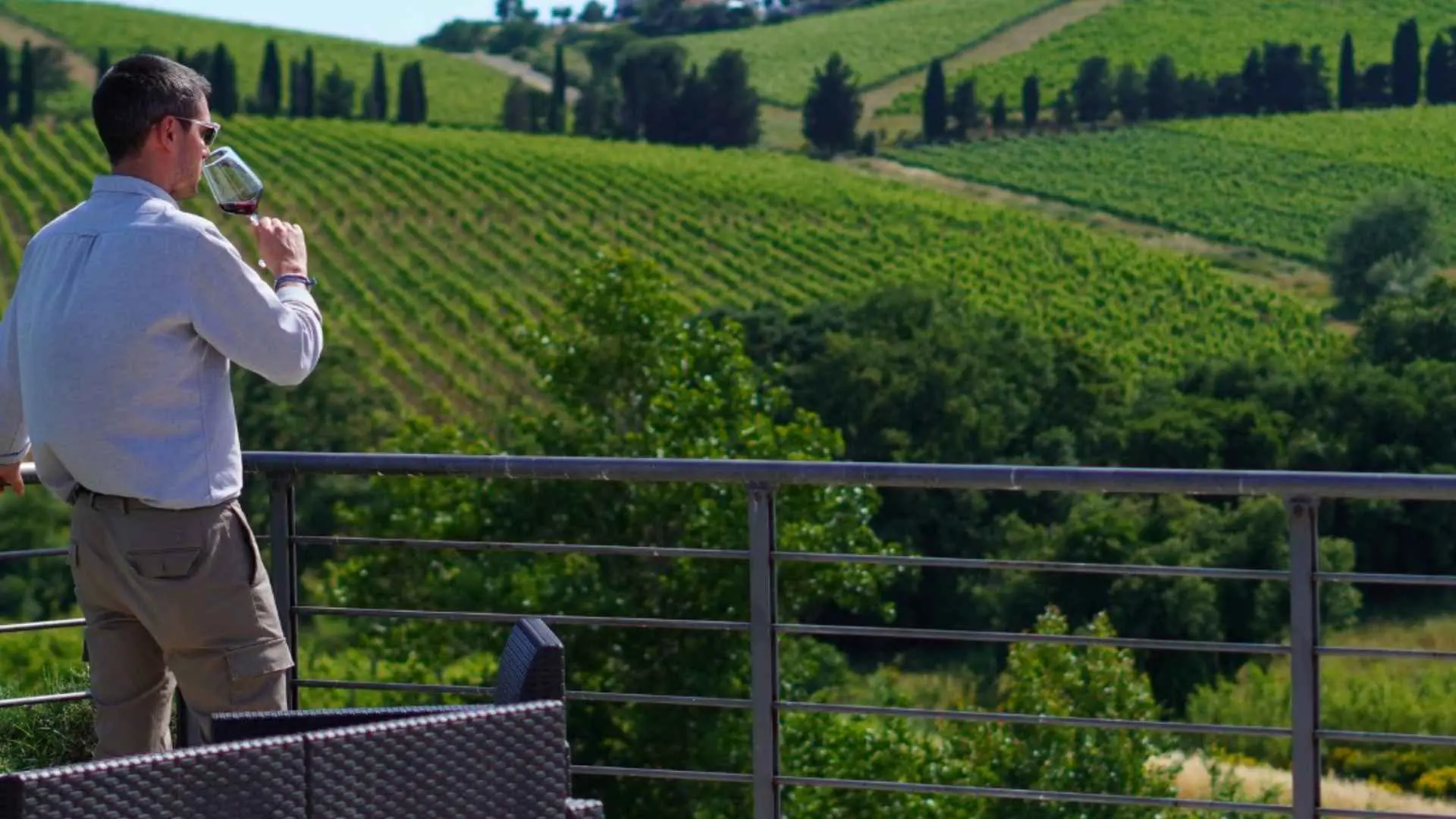 The photo shows a man having a glass of red wine, overlooking the Castello di Fonterutoli vineyard during a sunny day. 