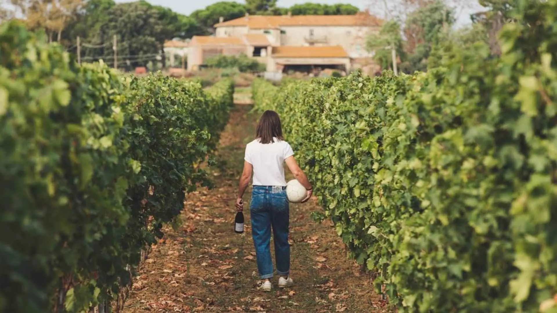 The image shows one of the owners walking through the vineyard carrying a ball and bottle of wine at the Le Vigne di Silvia winery.