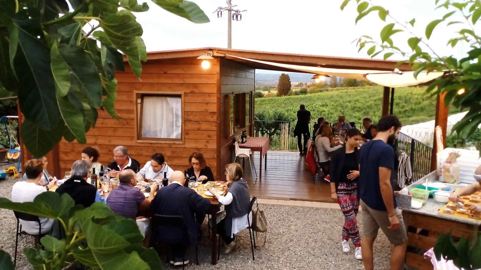 A wine tasting experience at the Fattoria di Montemorli. There are a lot of people, seated at various tables, having wine and food.
