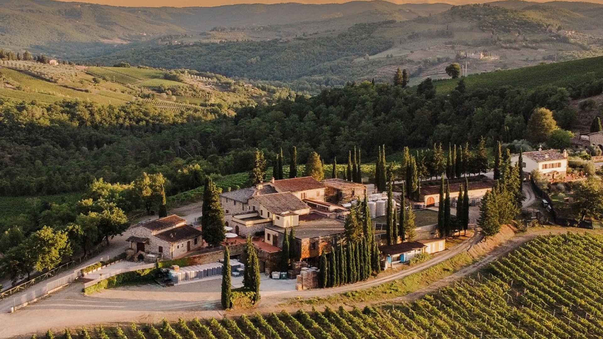 The image shows the Caffagio winery and vineyard from above, during a sunset.