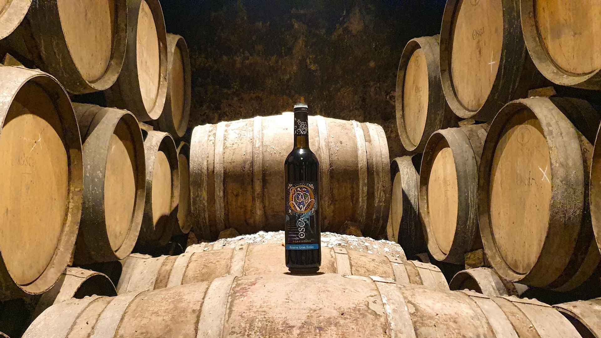 Bodegas Osca wine cellars, with stacked barrles. The middle row has fewer barrels and there is a wine bottle on top of it.