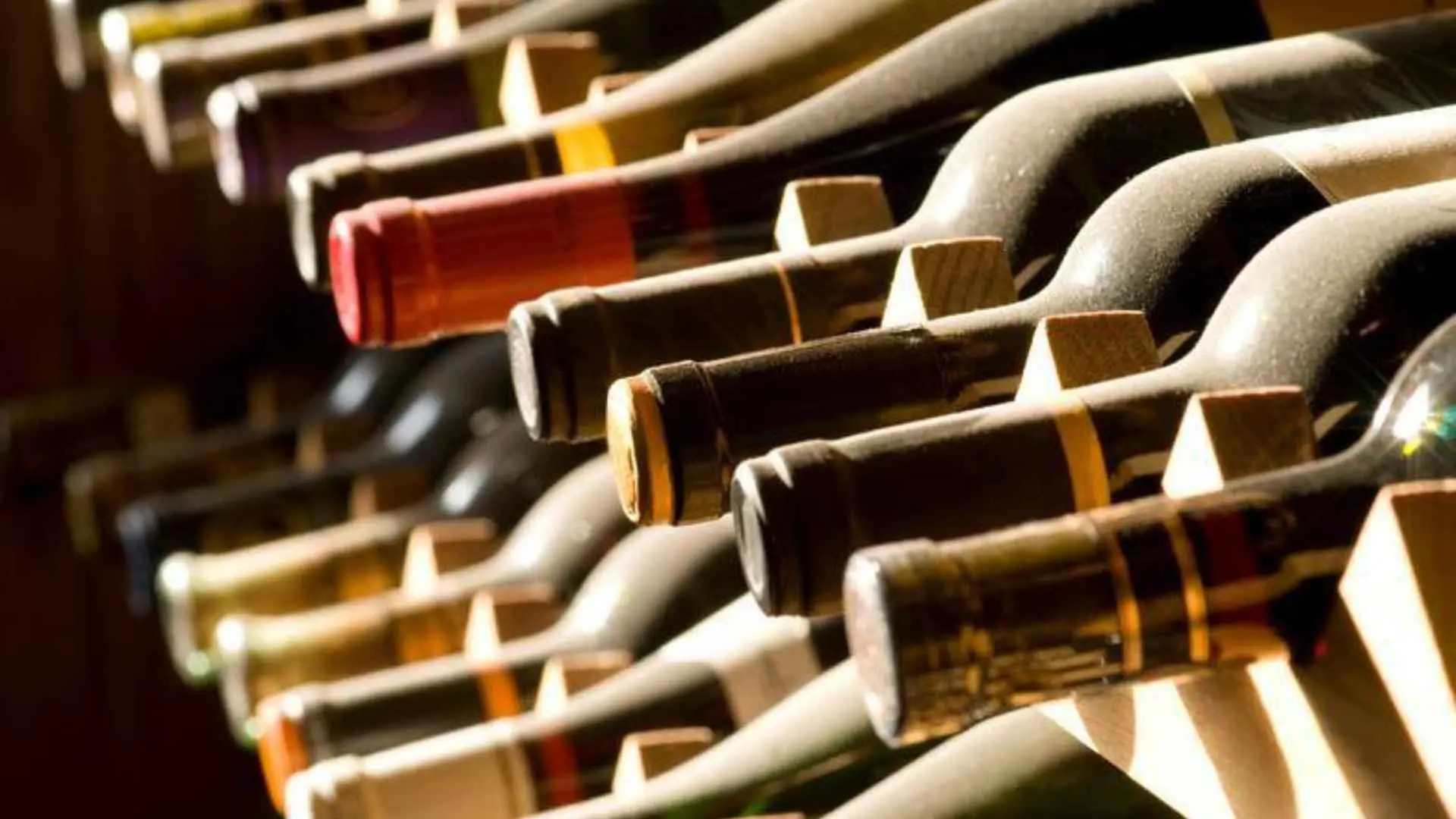 Podere Della Bruciata bottles. Lots of bottles can be seen on the image, on a shelf. They are all different wine types.