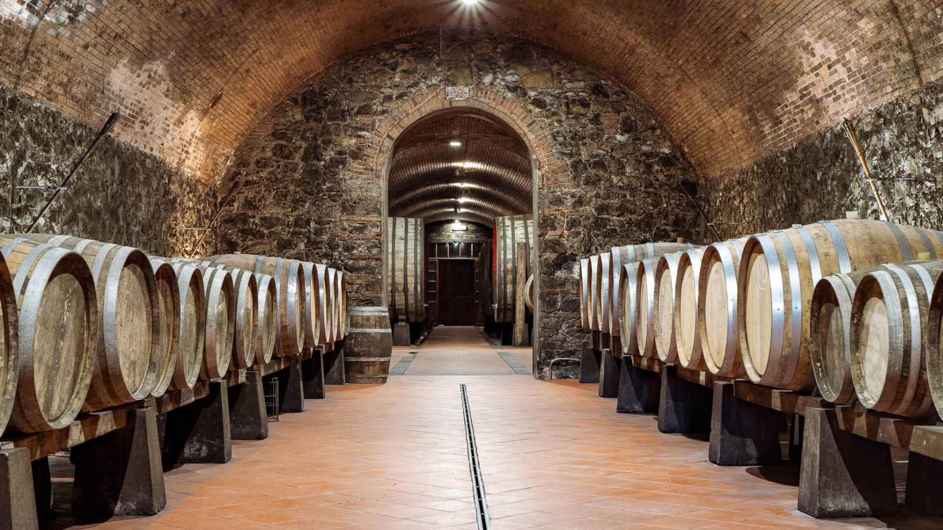 Fattoria Casalbosco wine cellar. Two rows of barrels can be seen on both sides of the room. The room is a beautiful stone and brick cellar.