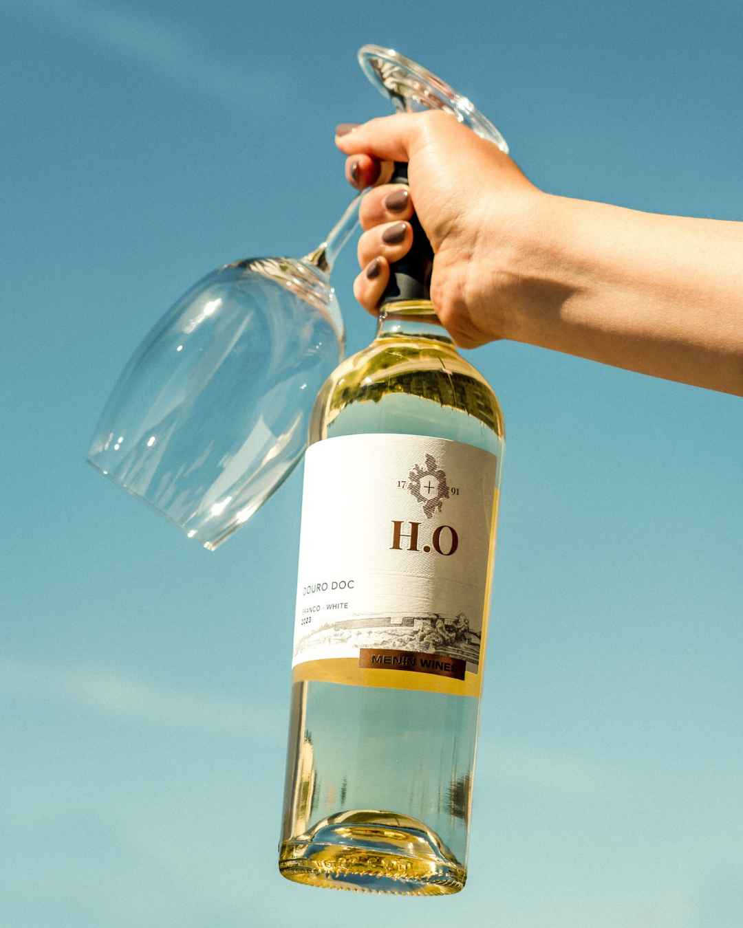 White wine A hand holding a bottle and a glass of wine.