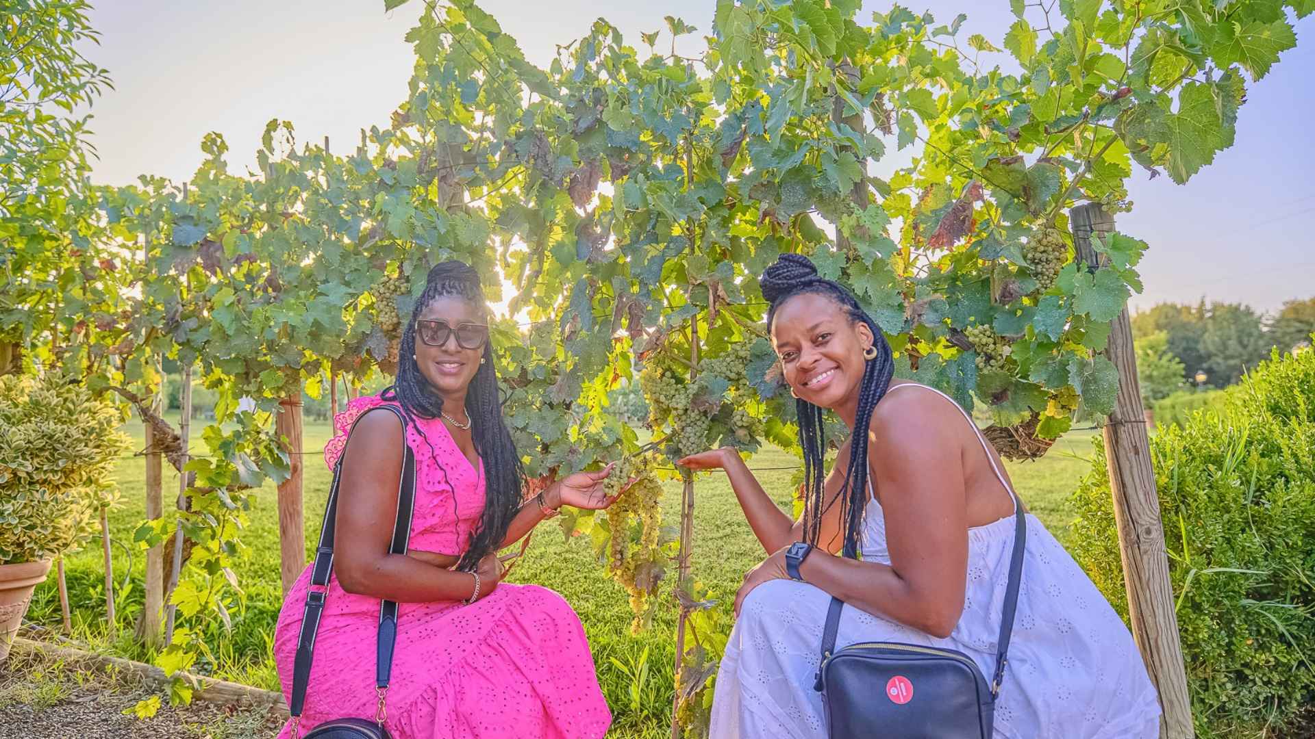 The image shows two women in a vineyard on a sunny day, holding ripe grapes. A clear sky can be seen in the background. 