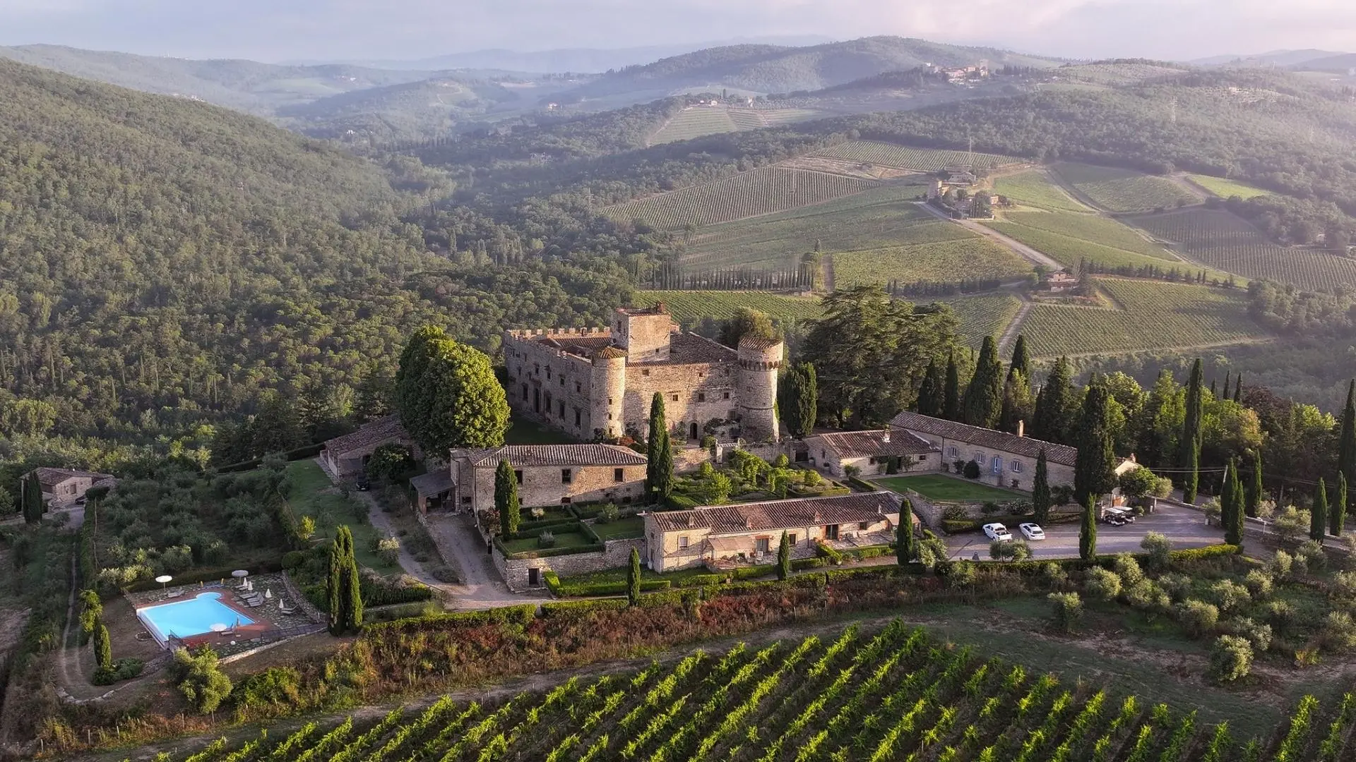 Castello di Meleto is a castle, which was transformed into a winery. The image shows the castle, its grounds, as well as vineyards surrounding it. Taken from above, it also shows a forest in the background, some hills, and a blue sky.