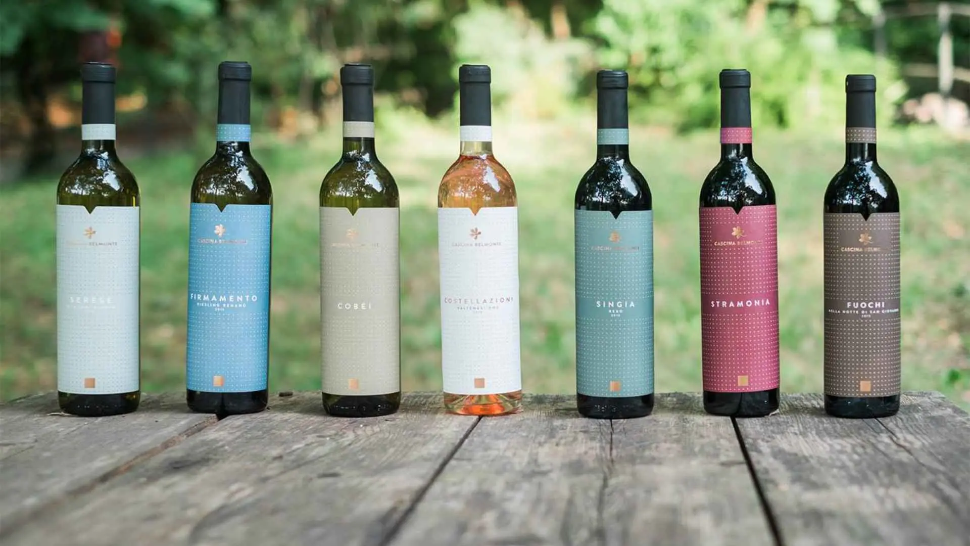 Seven Cascina Belmonte wine bottles, each containing a different wine, placed on a wooden table.